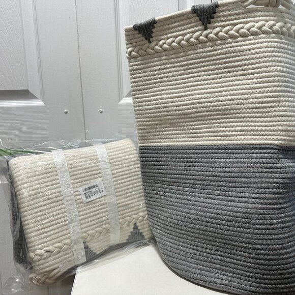 Brand New Large Blanket Basket 22"x16" Gray&Cream White - Picture 11 of 11